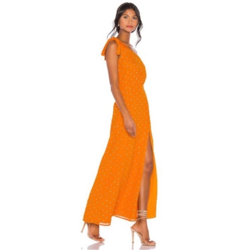 Privacy Please Blake Polka Dot Tie Shoulder Maxi Dress In Orange & White
